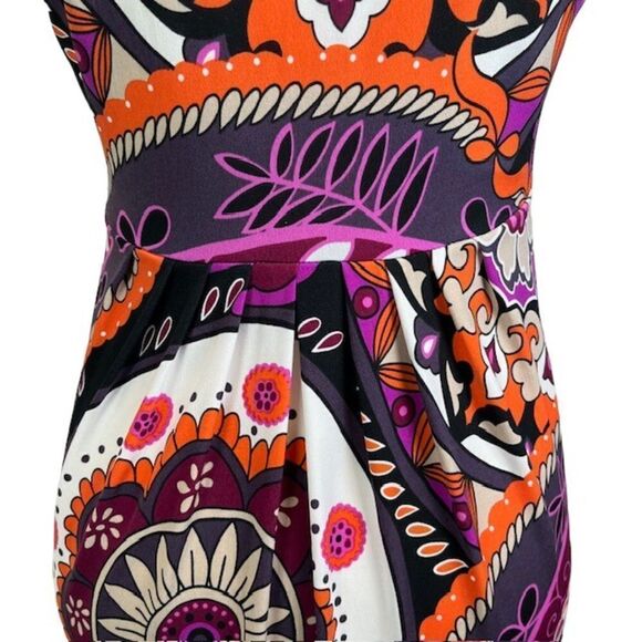 Sunny Leigh Print Dress Orange Purple Gray Tie Neckline Size Medium - Picture 4 of 9